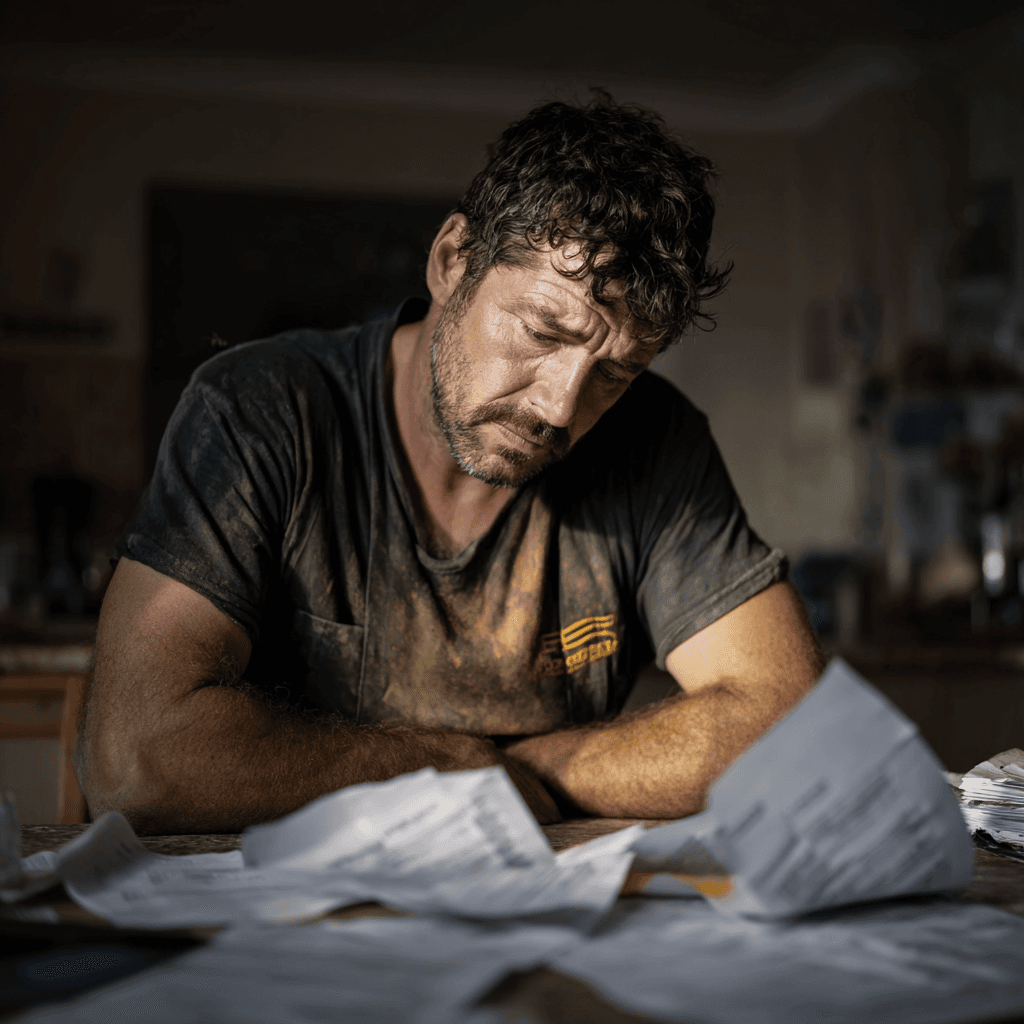 Autónomo agotado revisando tickets en la cocina por la noche