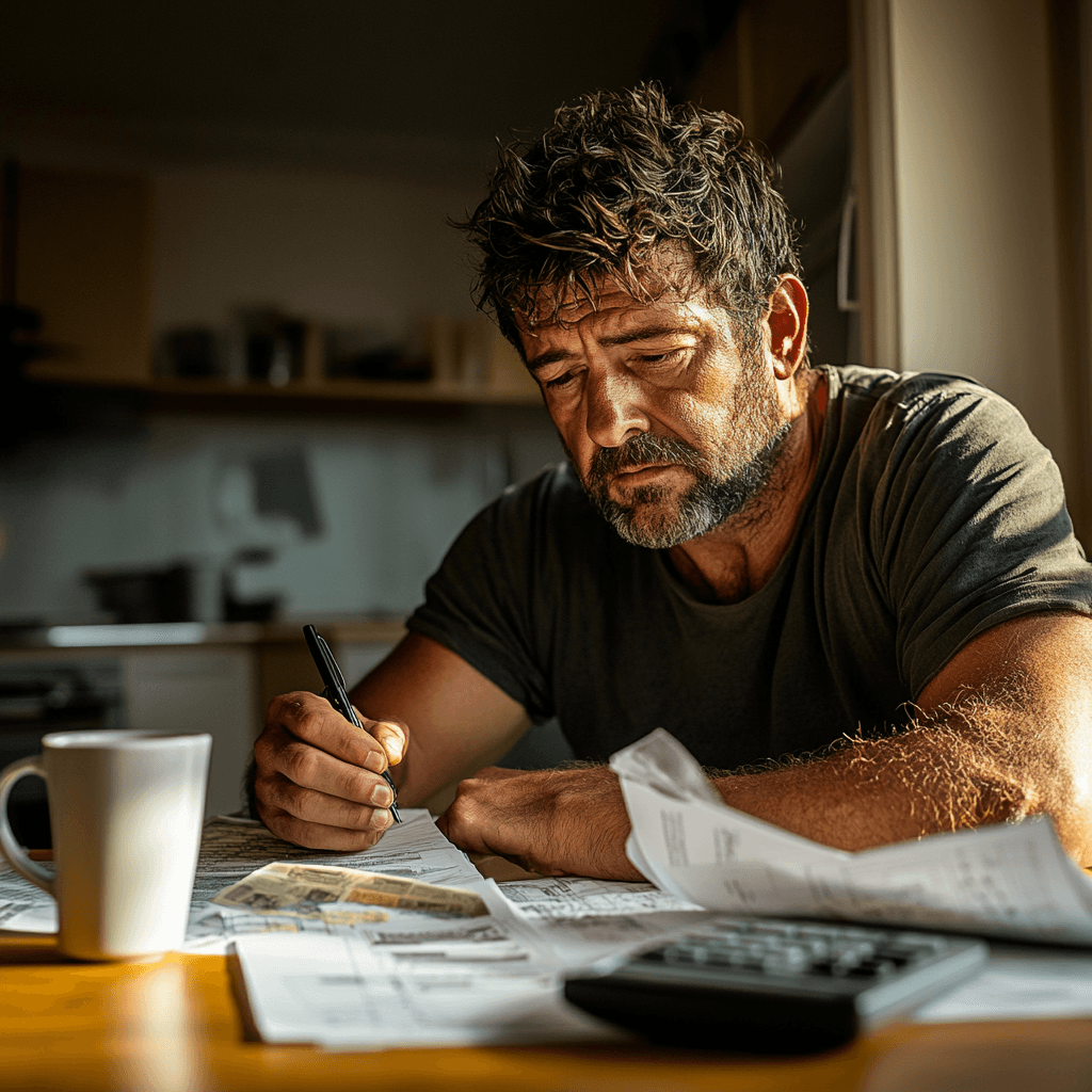 Autónomo con papeles y calculadora haciendo un presupuesto en la cocina