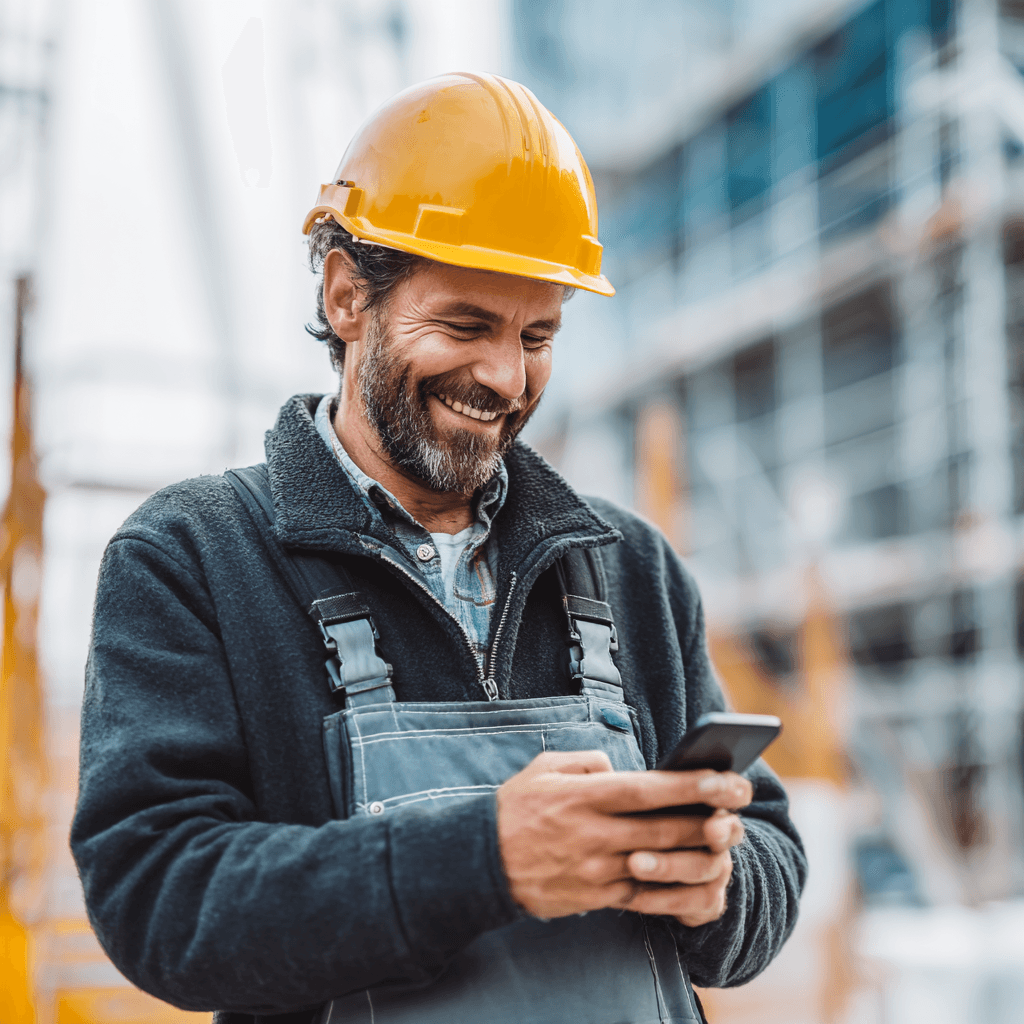 Trabajador de construcción enviando un parte digital desde su móvil en la obra